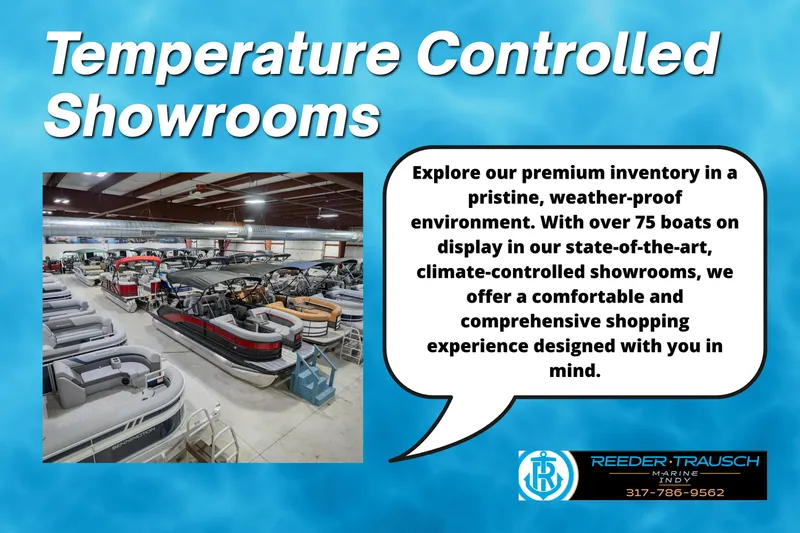 Slide: The Image of Temperature-controlled showroom displaying various boats, including a 2027 Bennington 168 SLJ model. - 11