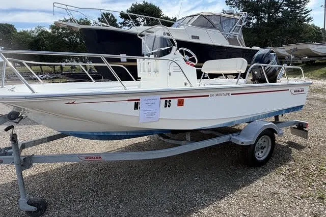 The Image of 2019 Boston Whaler 150 Montauk boat on trailer, parked outdoors. - 0