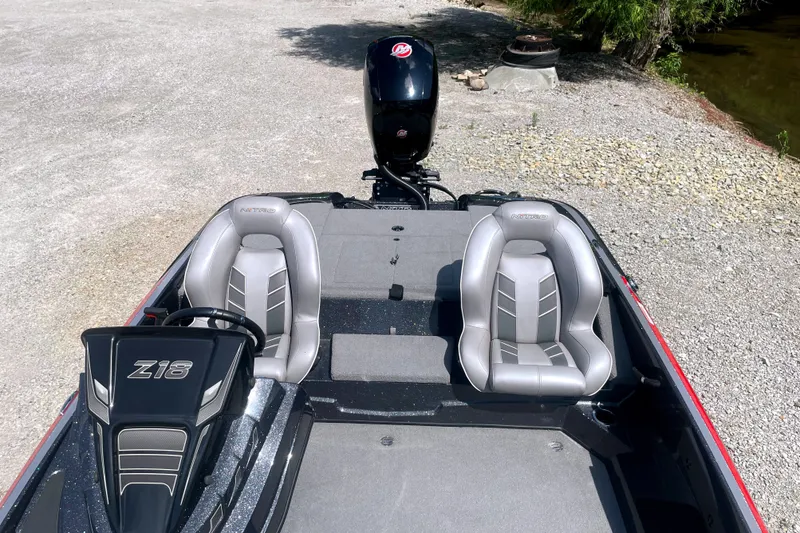 Slide: The Image of 2024 Nitro Z18 boat interior with dual seats and steering console. - 8
