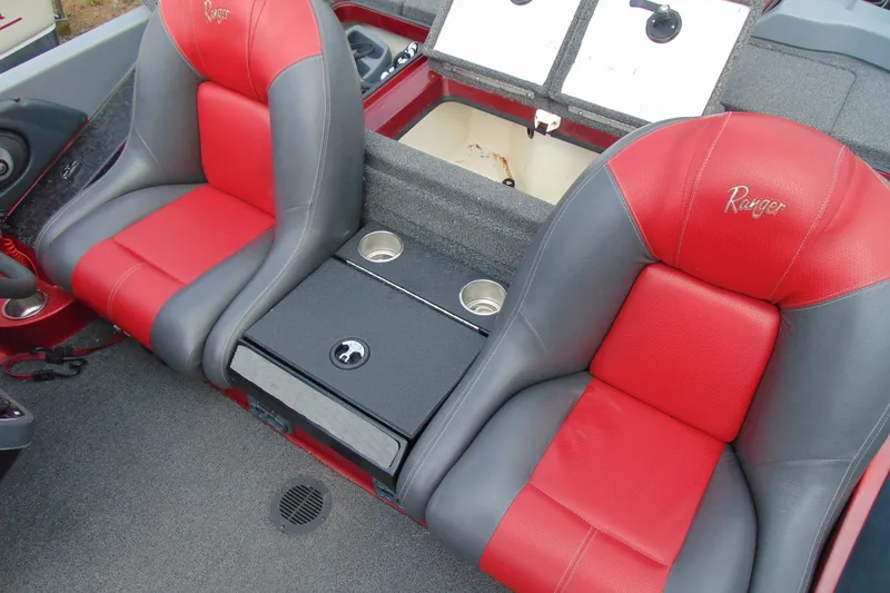 Slide: The Image of Red and gray Boomeranger 188 boat seats with storage and cup holders, 2010 model. - 11