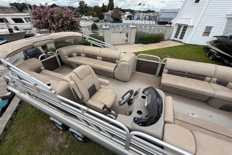 Slide: The Image of 2020 Sun Tracker Party Barge 22 DLX pontoon boat with spacious seating and helm. - 14
