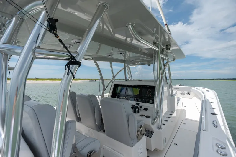 Slide: The Image of 2021 SeaHunter 41 CTS boat interior with sleek design and advanced navigation system. - 38