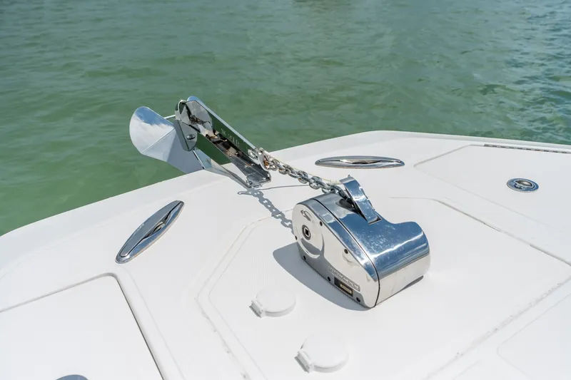 Slide: The Image of Anchor system on 2021 SeaHunter 41 CTS boat, featuring sleek chrome finish. - 54