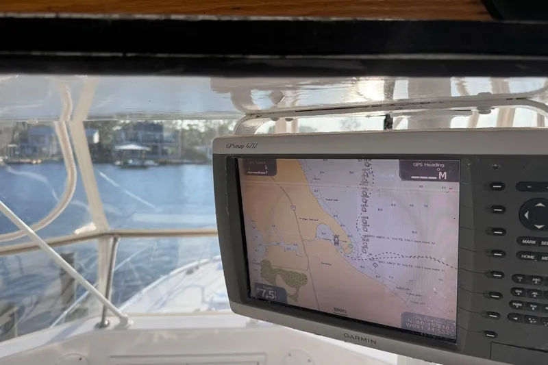Slide: The Image of Garmin GPS display on 1981 Hatteras 43 Convertible boat, showing navigation map. - 51