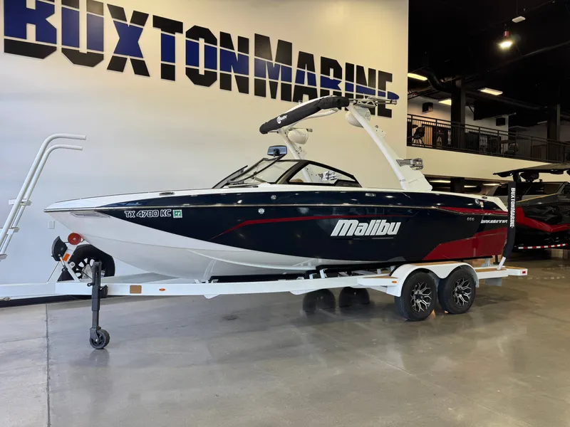 Slide: The Image of 2021 Malibu Wakesetter 23 LSV on a trailer in an indoor setting. - 3