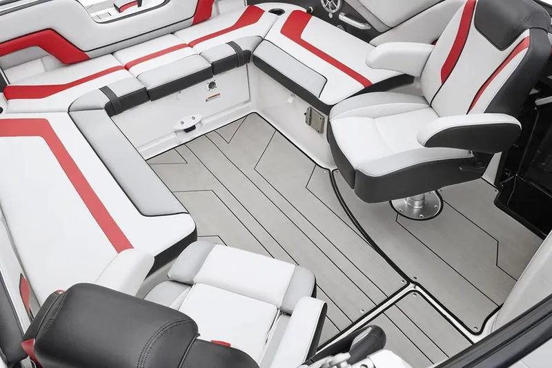 Slide: The Image of Interior of a 2020 Yamaha Boats 242X with modern white and red upholstery. - 25