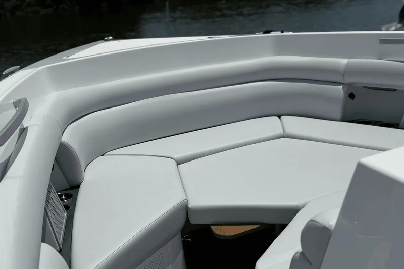Slide: The Image of The 2024 Aviara AV40 OB features sleek, white upholstery in the bow seating area. - 31