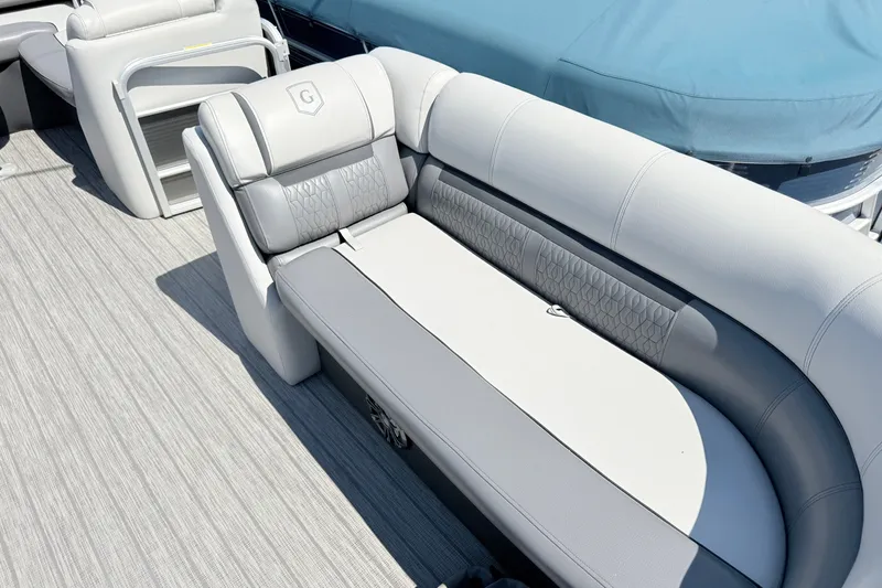 Slide: The Image of Luxurious seating on 2020 Godfrey Sweetwater 2286 C pontoon boat, featuring elegant gray upholstery. - 11