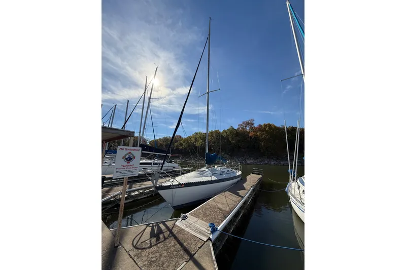 The Image of 1978 Santana 35 sailboat docked under a clear blue sky, surrounded by trees. - 1