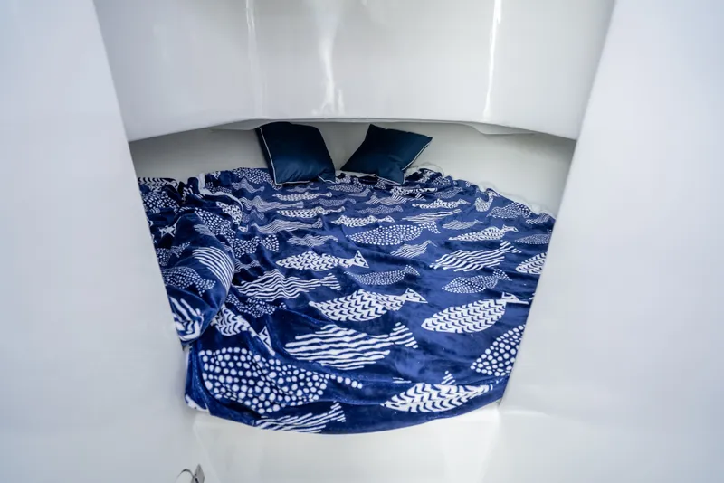 Slide: The Image of Cozy cabin interior of 2023 Millennium Marine 37 Walk Around Fly Bridge Sportfish with blue fish-patterned bedding. - 100