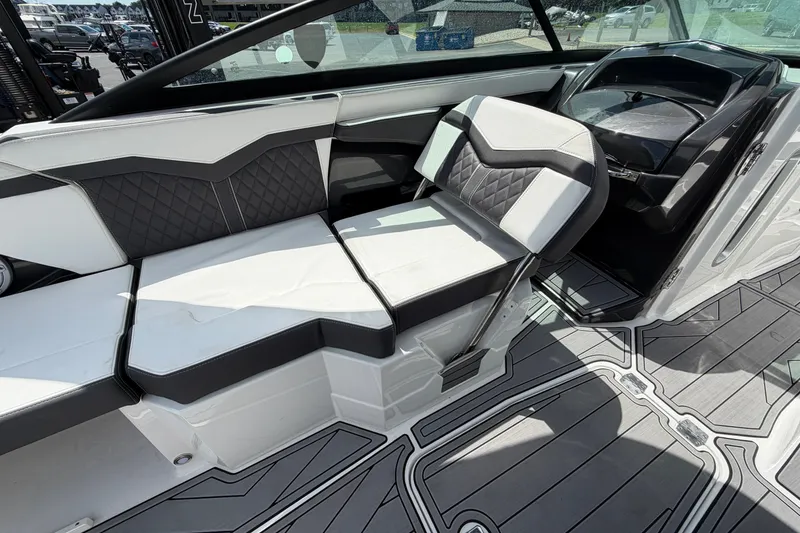 Slide: The Image of 2023 Monterey 258SS Super Sport boat interior with stylish seating and modern design. - 15