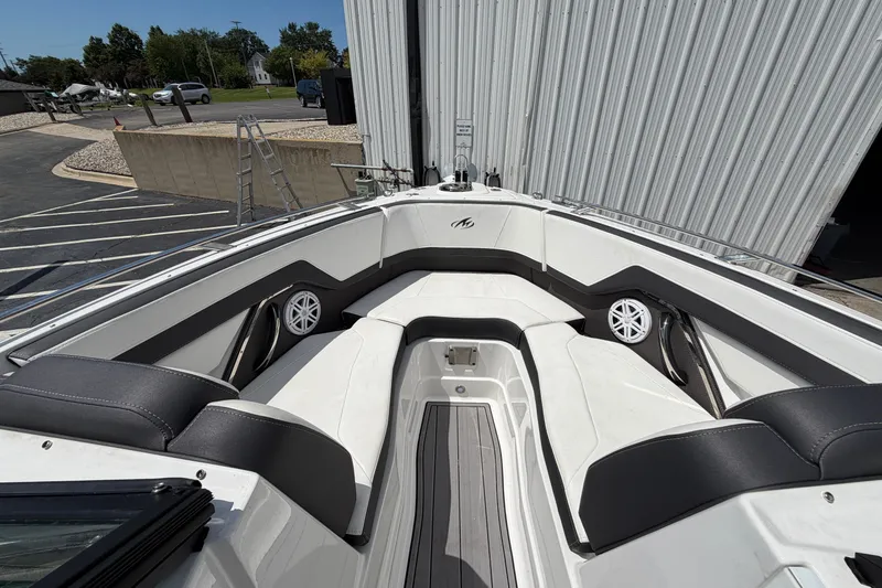 Slide: The Image of 2023 Monterey 258SS Super Sport boat interior with sleek seating and modern design. - 17