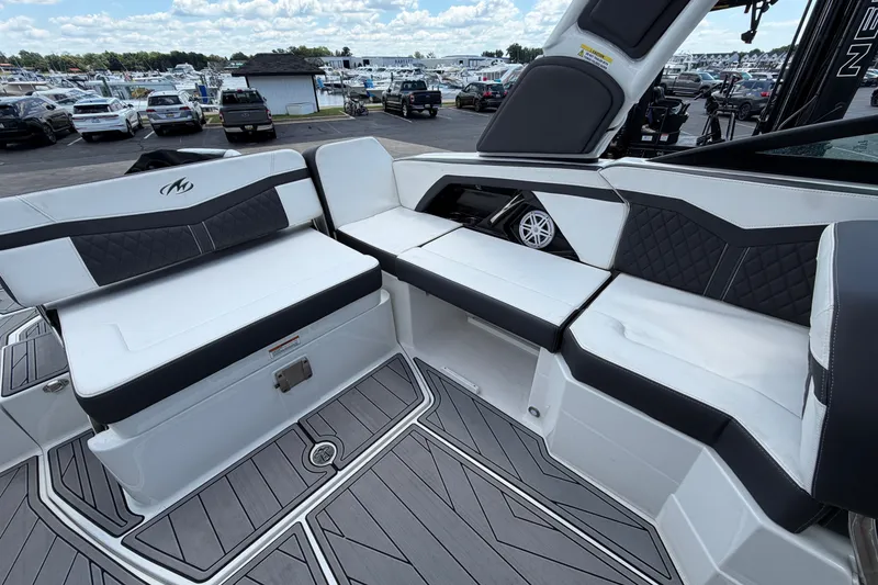 Slide: The Image of 2023 Monterey 258SS Super Sport boat interior with sleek seating and modern design. - 9