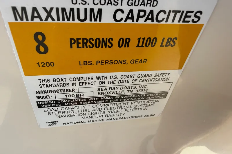 Slide: The Image of Sea Ray 180 Bow Rider 2000 capacity label, max 8 persons or 1100 lbs. - 21