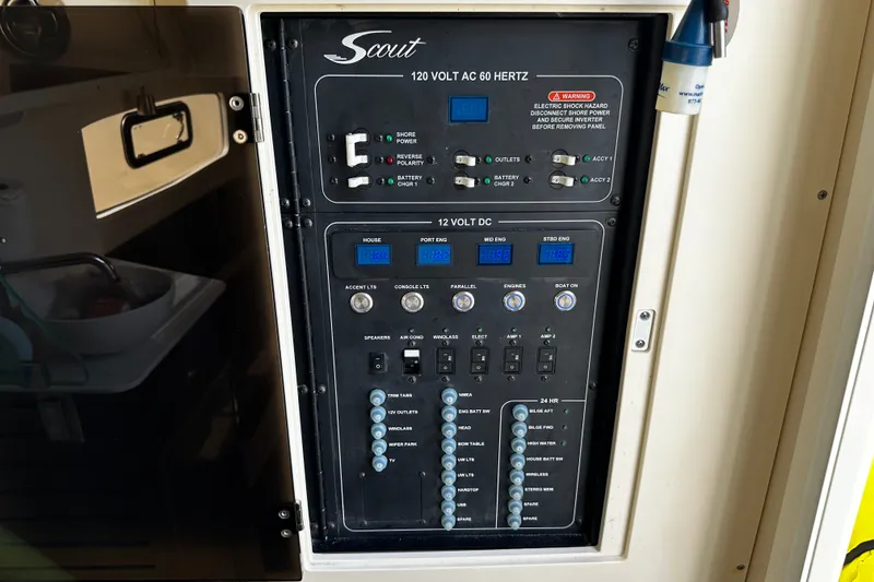 Slide: The Image of Control panel of a 2019 Scout 355 LXF boat, featuring electrical switches and indicators. - 25