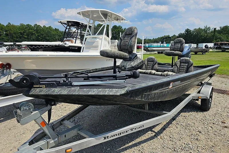 Slide: The Image of 2020 Ranger RT178 fishing boat on trailer, equipped with Minn Kota trolling motor. - 2