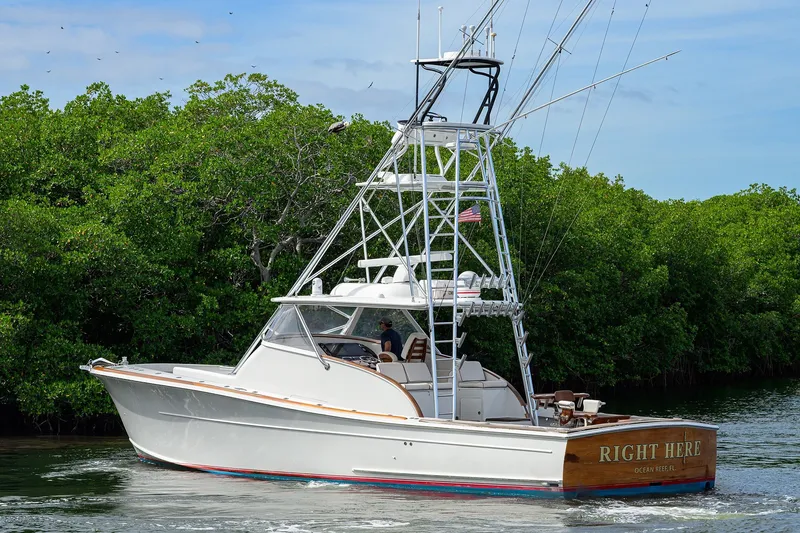 Slide: The Image of 2014 Release Boatworks 46 yacht cruising near lush green mangroves. - 1