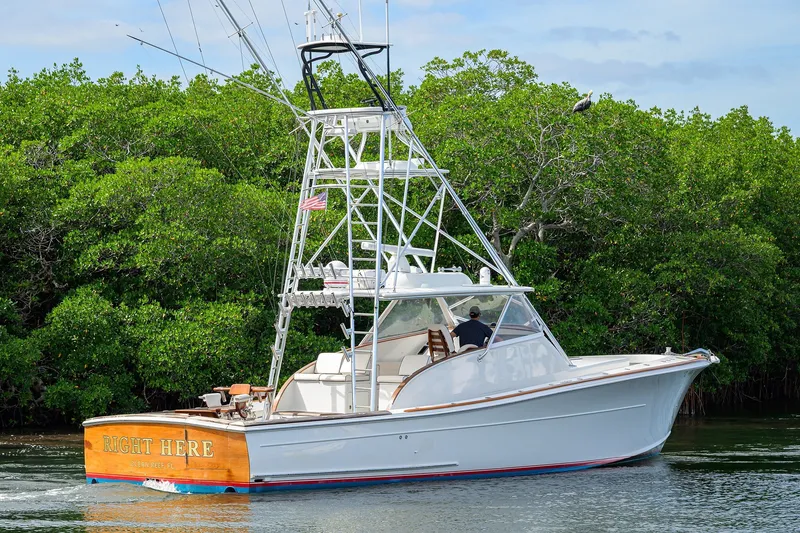 Slide: The Image of 2014 Release Boatworks 46 yacht cruising near lush green mangroves. - 7