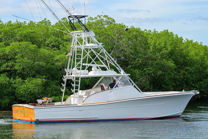 Slide: The Image of 2014 Release Boatworks 46 yacht cruising near lush green mangroves. - 3