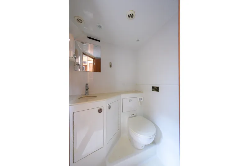 Slide: The Image of Compact bathroom in 2014 Release Boatworks 46, featuring sink, toilet, and storage. - 52