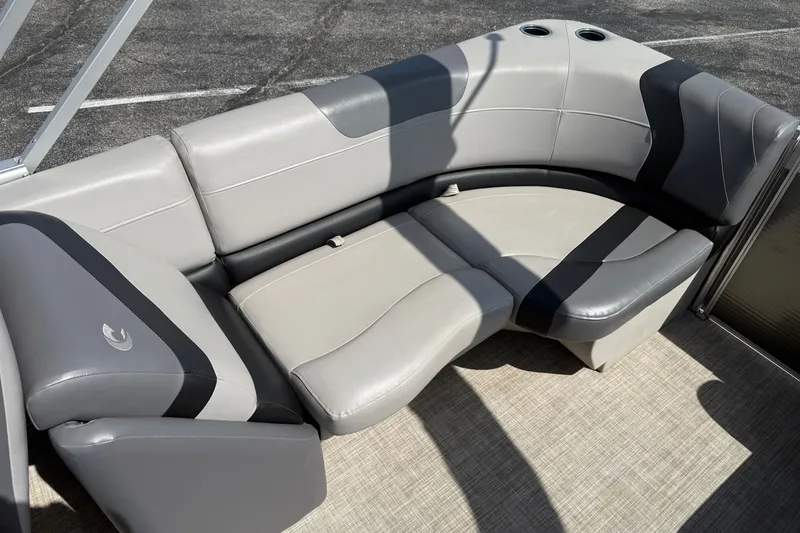Slide: The Image of 2019 Crestliner 200 Rally DX CWDH boat interior with gray cushioned seating. - 15