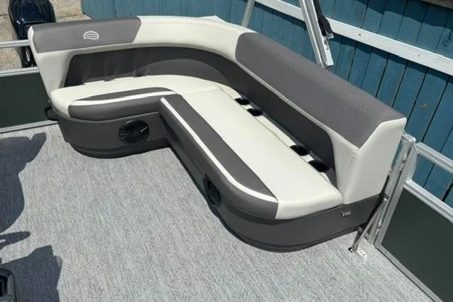 Slide: The Image of 2026 Sun Tracker Bass Buggy 16 XL Select pontoon boat seating area. - 8