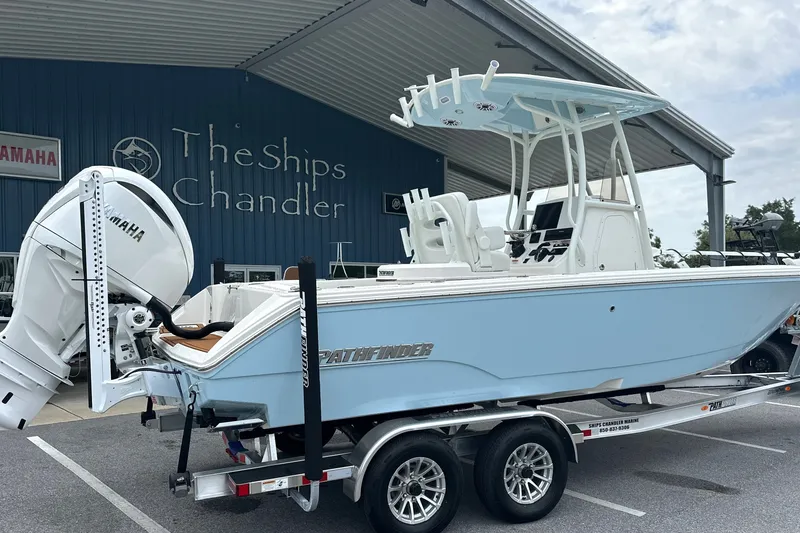 Slide: The Image of 2027 Pathfinder 2400 Tournament boat with Yamaha engine at The Ships Chandler. - 1