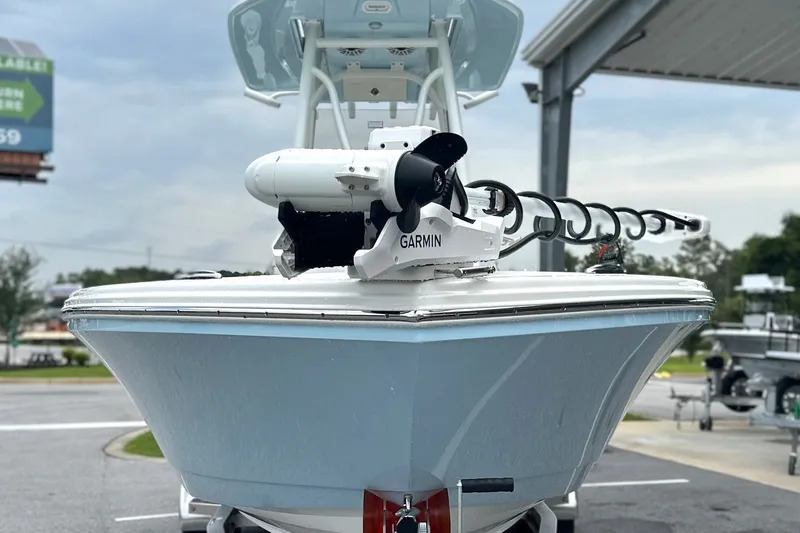 Slide: The Image of 2027 Pathfinder 2400 Tournament boat with Garmin equipment, parked outdoors. - 32