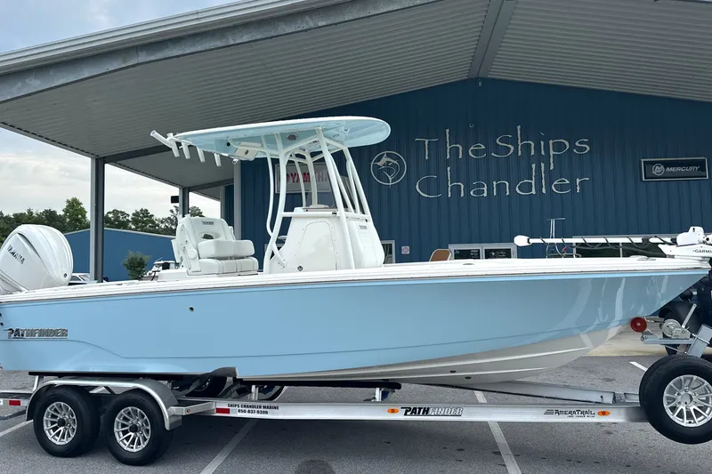 Slide: The Image of 2027 Pathfinder 2400 Tournament boat on trailer at The Ships Chandler dealership. - 2