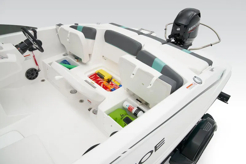 Slide: The Image of The image shows the cockpit of a Tahoe T16 boat with storage compartments and an outboard motor. - 40