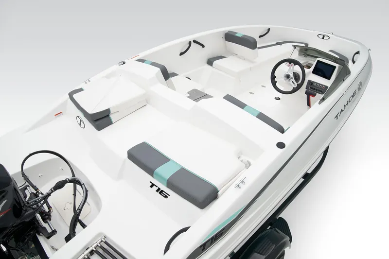 Slide: The Image of The image shows a modern white motorboat with gray and turquoise accents. It features open seating and a helm with a screen. - 43