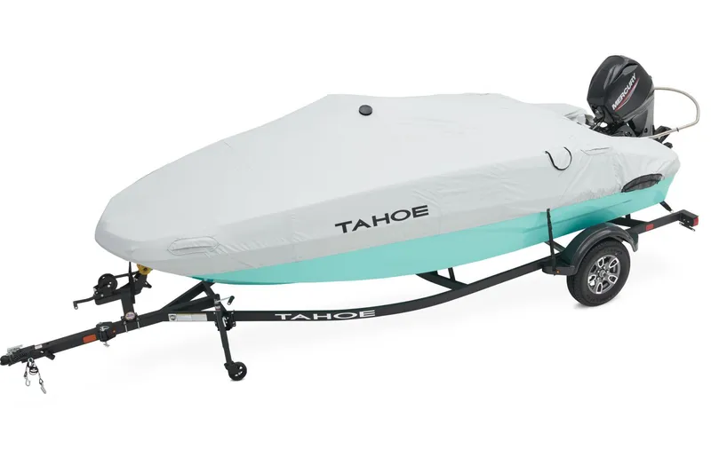 Slide: The Image of A covered boat on a trailer, featuring an outboard motor and the "Tahoe" branding. - 20