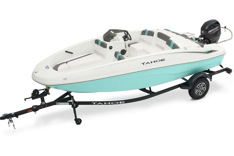 Slide: The Image of A turquoise and white Tahoe T16 boat on a trailer, featuring an outboard motor and seating. - 15