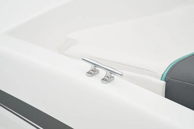 Slide: The Image of Close-up of a silver boat cleat on a white Tahoe T16 boat. - 46