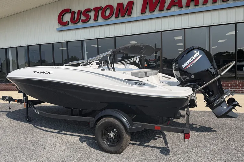 Slide: The Image of 2027 Tahoe T16 boat with Mercury engine at Custom Marine dealership. - 1