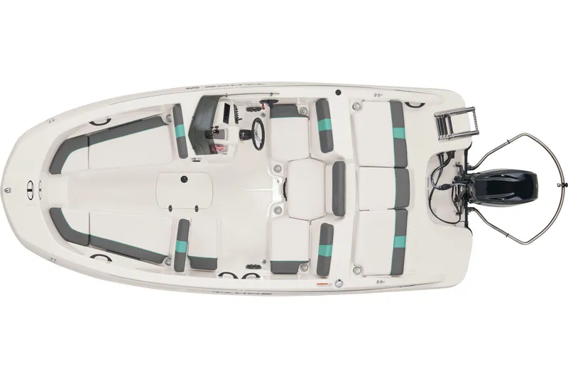 Slide: The Image of Overhead view of a white Tahoe T16 boat with gray and turquoise seating, featuring an outboard motor. - 17