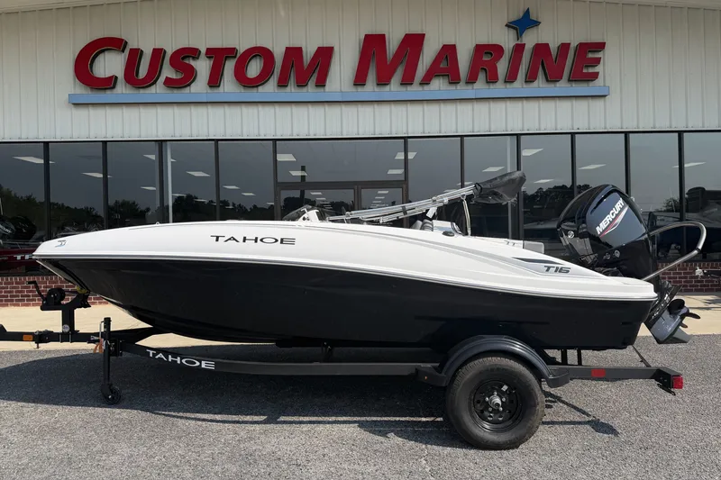 The Image of 2027 Tahoe T16 boat displayed at Custom Marine dealership. - 0