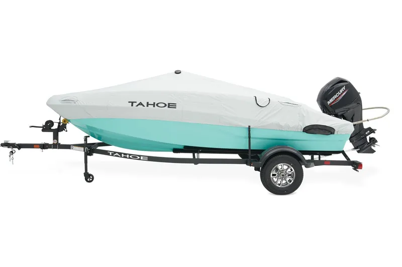 Slide: The Image of A 2027 Tahoe T16 boat on a trailer, covered with a tarp and featuring an outboard motor. - 21
