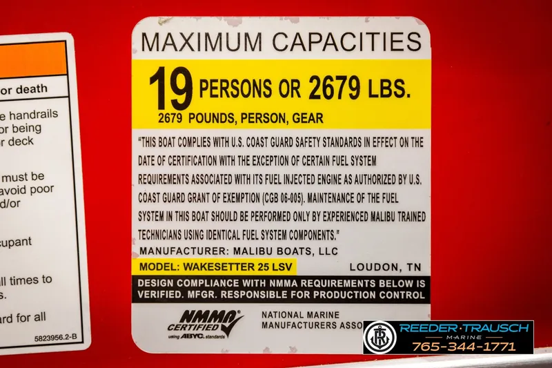Slide: The Image of 2017 Malibu Wakesetter 25 LSV capacity label, max 19 persons or 2679 lbs. - 64