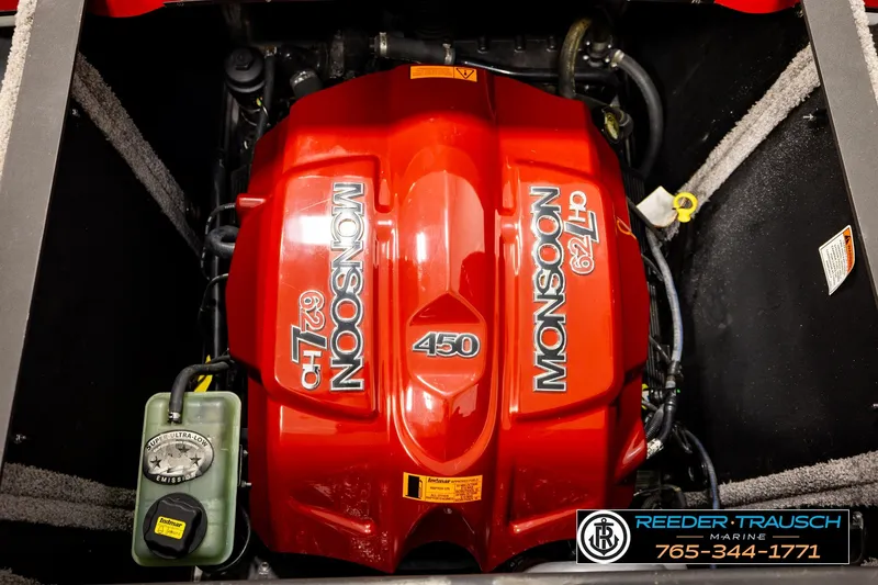 Slide: The Image of 2017 Malibu Wakesetter 25 LSV engine, Monsoon 6.2L, 450 horsepower, Reeder-Trausch Marine branding. - 22