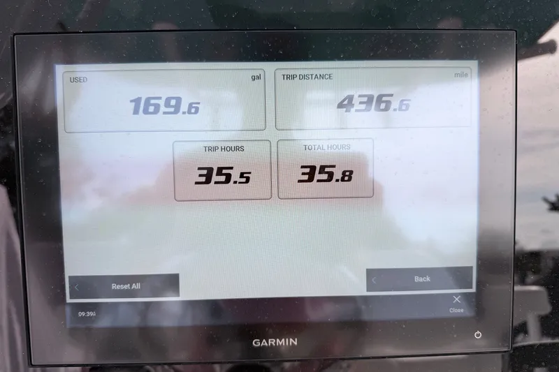 Slide: The Image of Garmin display showing trip data: 169.6 gallons used, 436.6 miles traveled, 35.5 trip hours. - 12