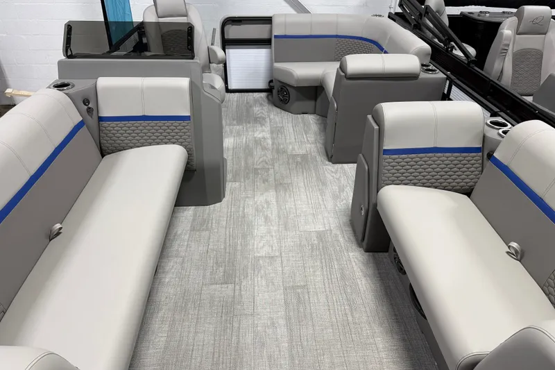 Slide: The Image of Luxurious interior of 2025 Qwest 8518 LANAI LT pontoon boat with modern seating. - 4