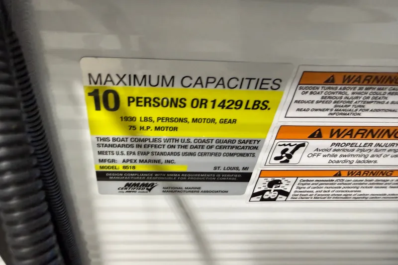 Slide: The Image of 2025 Qwest 8518 LANAI LT capacity label: 10 persons, 1429 lbs, 75 HP motor. - 9