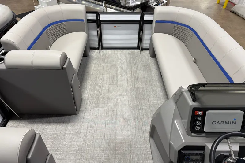 Slide: The Image of Interior of 2025 Qwest 8518 LANAI LT pontoon boat with Garmin navigation system. - 7