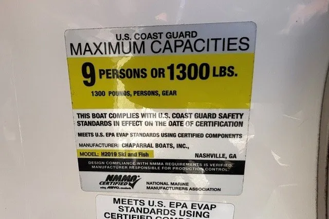 Slide: The Image of 2012 Chaparral 19 H2O Ski & Fish capacity label: 9 persons or 1300 lbs. - 15