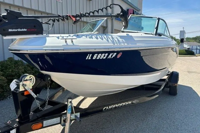 Slide: The Image of 2012 Chaparral 19 H2O Ski & Fish boat on trailer, featuring MotorGuide trolling motor. - 25