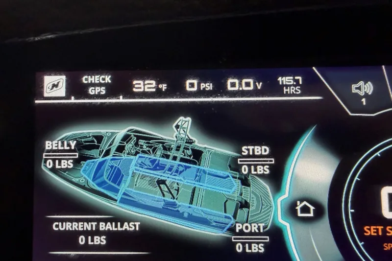 Slide: The Image of Dashboard display of 2020 Nautique Super Air Nautique GS20, showing ballast and system status. - 10