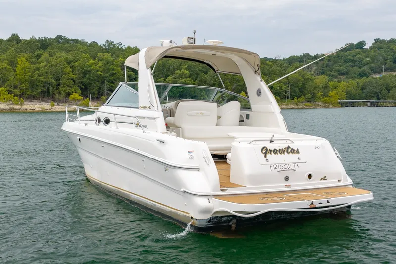 Slide: The Image of 2001 Sea Ray Sundancer 310 boat on a lake, surrounded by lush greenery. - 2