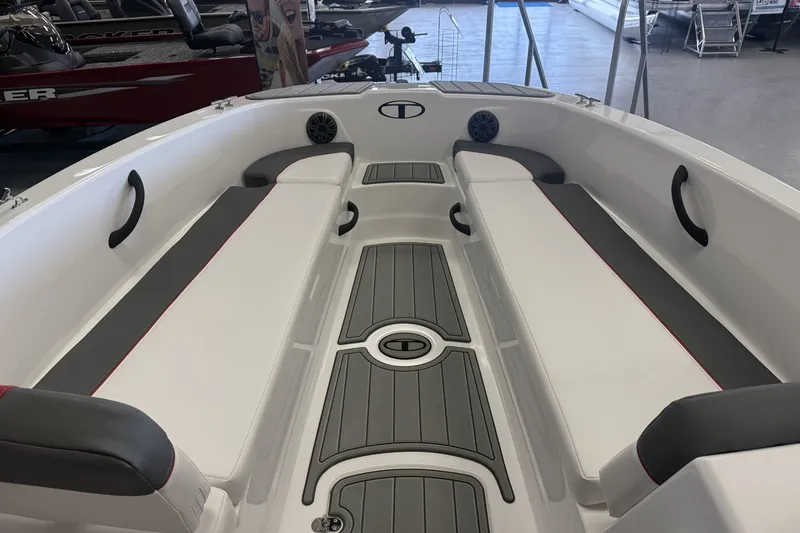Slide: The Image of Interior view of 2027 Tahoe T18 boat with sleek seating and modern design. - 6