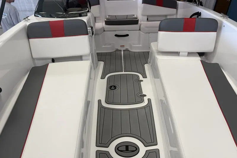 Slide: The Image of Interior of 2027 Tahoe T18 boat with gray and red seating. - 8